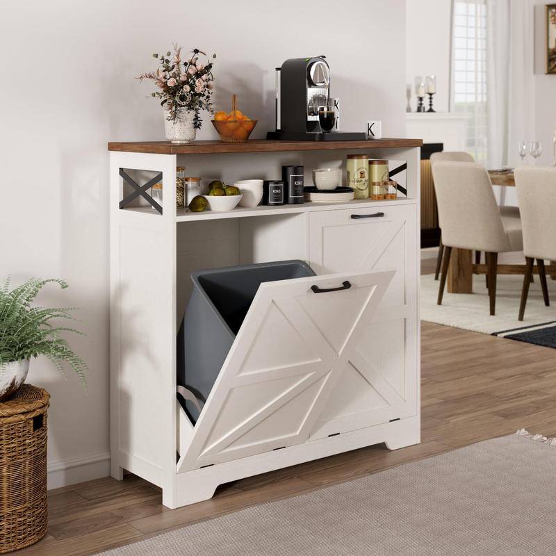  Vabches Tilt Out Trash Can Cabinet for 10 Gallon Trash Can, Farmhouse Kitchen Island Bin Cabinet with Adjustable Shelf for Hidden Laundry Basket, Dual Dog Proof Garbage Can for Dining Room, Living Room, White