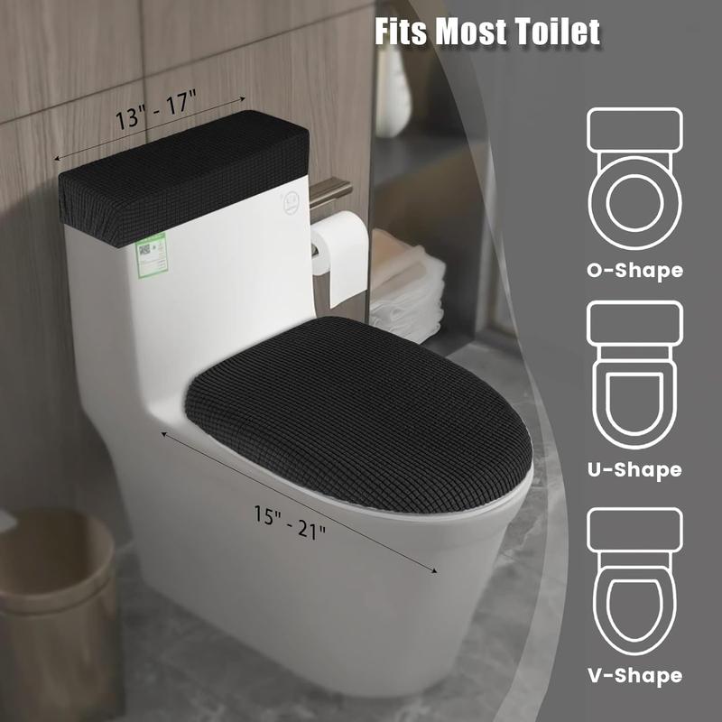 Toilet Lid Cover and Toilet Tank Cover Stretch Toilet Covers Set for Bathroom, Polyester Spandex Jacquard Fabric, Machine Washable, with Elastic Bottom, Black Seat