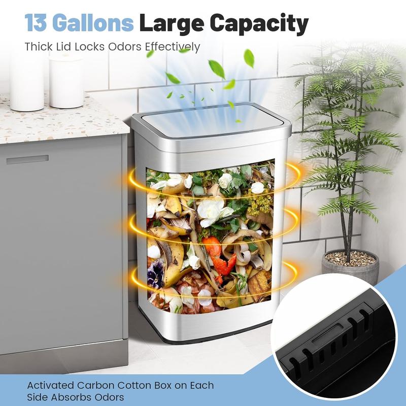 13 Gallon Automatic Trash Can, Rectangular Motion Sensor Waste Trash Bin w Soft Close Lid & Deodorizer Compartment, Smart Touchless Stainless Steel Garbage Can for Kitchen Office