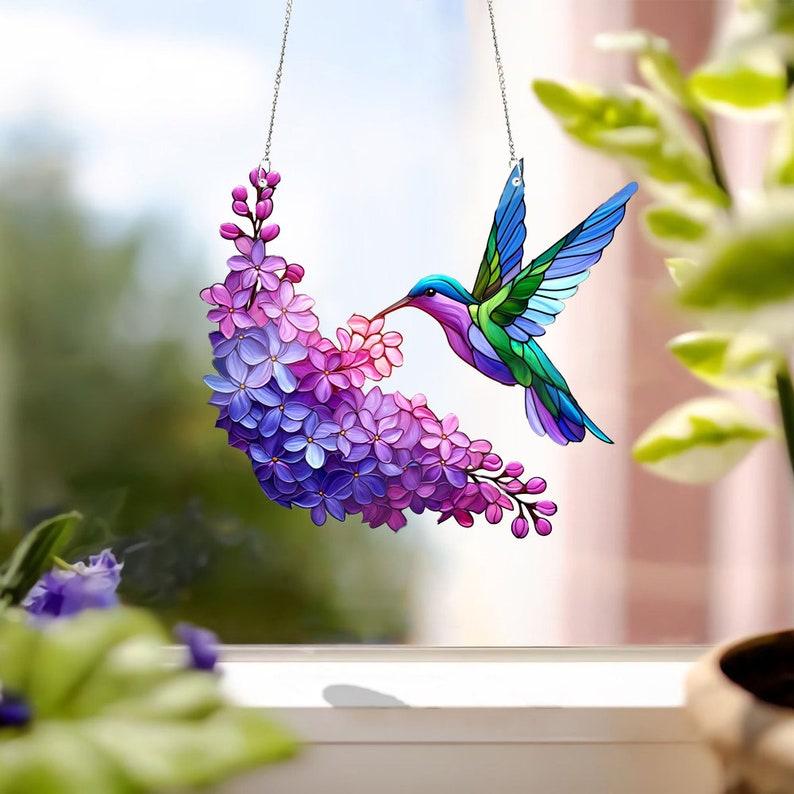 Lilac Branch and Hummingbird Acrylic Window hanging, Lilac lovers, Hummingbird decoration, bird nerd gift, Bird lovers