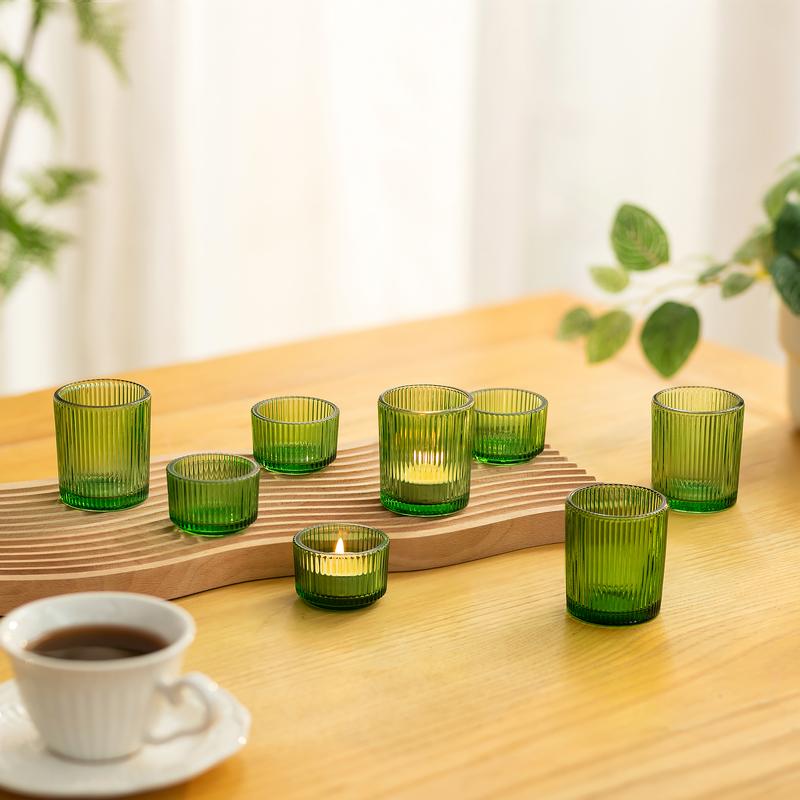 Green Ribbed Glass Tealight Holders: Decorative Votive Candle Holders for Table Centerpiece, Wedding, Christmas, and Dining Room Decor.