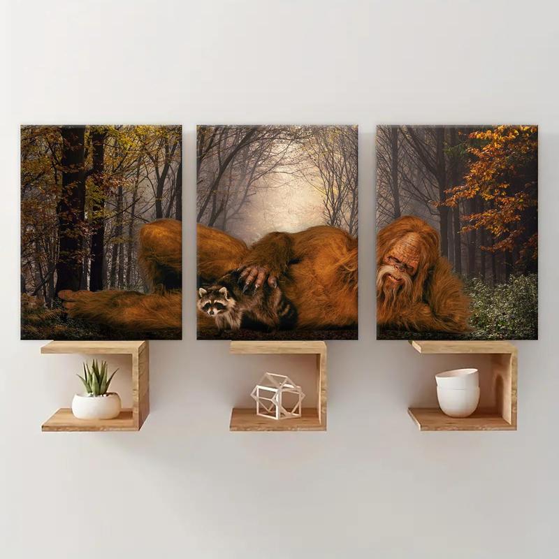 Wooden Framed Canvas Painting, 3 Counts set Sasquatch & Animal Pattern Wall Art, Modern Wall Decor for Home Living Room Bedroom Office