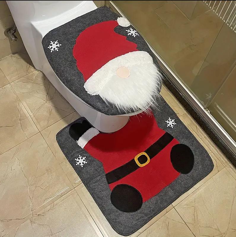 2pcs Festive Santa Toilet Mat Set - U-Shape Toilet Lid Cover Pad for Christmas Bathroom Decor and Supplies Christmas Decorations Thanksgiving Gift