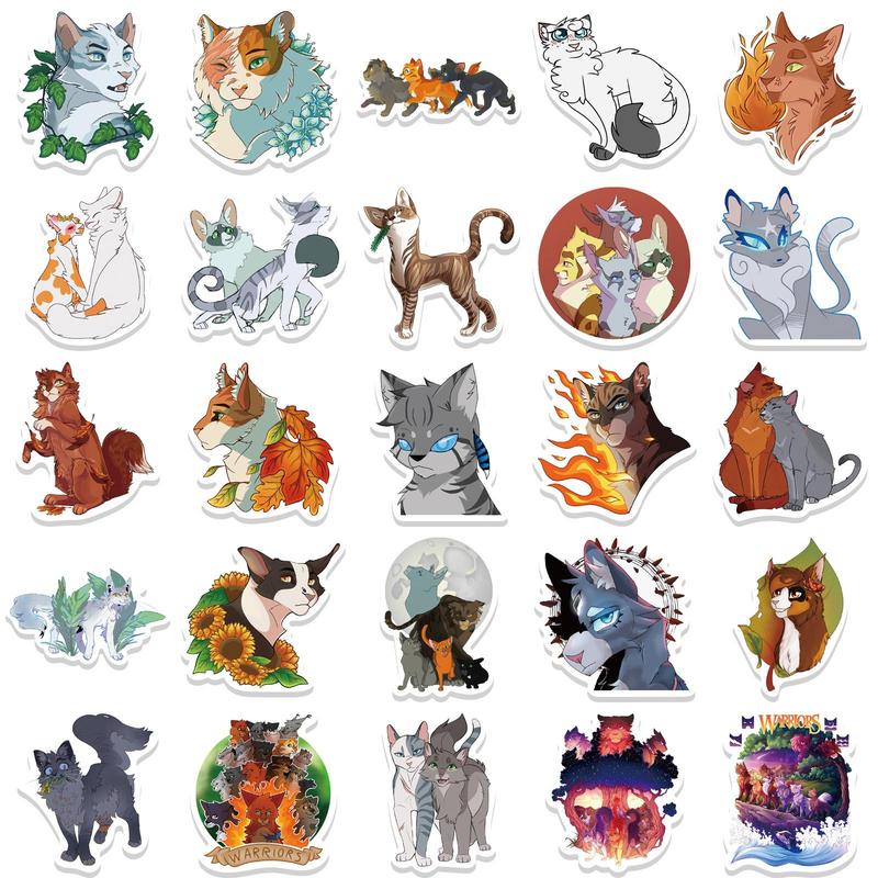 52pcs Cartoon Cat Warrior Series Sticker, Waterproof Sticker Pack for Wall Water Bottle Skateboard Helmet Car Bike Luggage Laptop