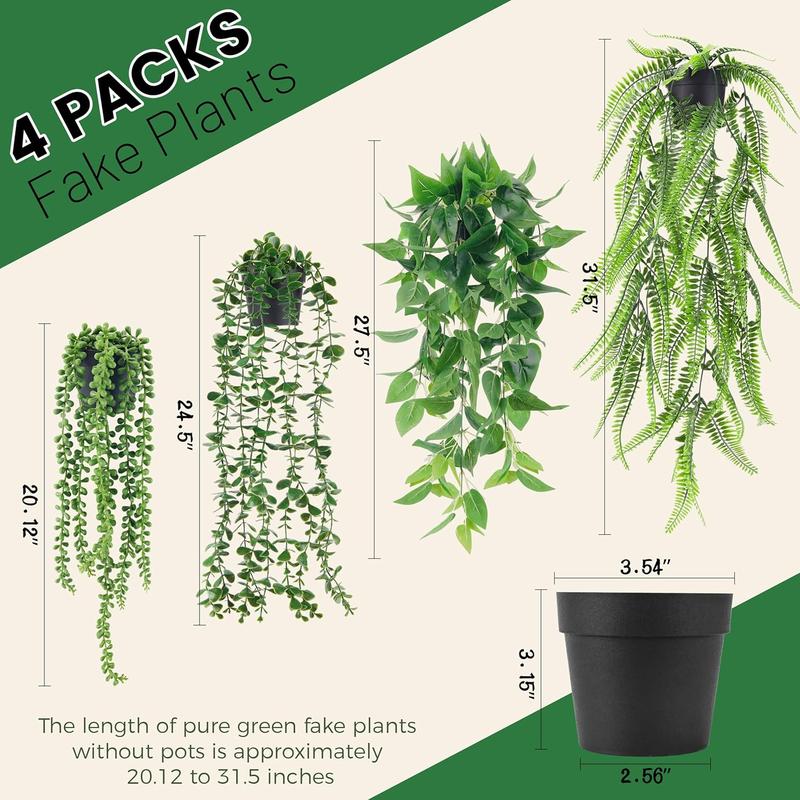 [Limited Time Deal] 4 Pack Fake Plants with Pots, Artificial Ivy, Eucalyptus, Boston Fern, & String of Pearls for Indoor Outdoor Decor.