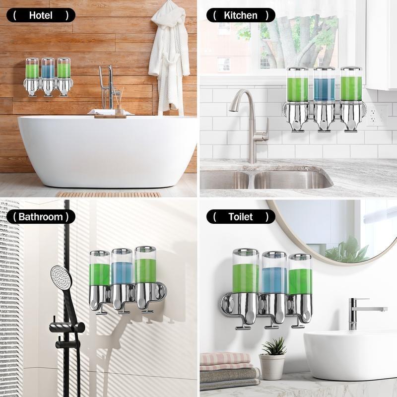 3-in-1 Wall-Mounted Dispenser for Shampoo, Soap & Conditioner, No-Drill, Transparent Bottles, Ideal for Bathroom & Hotel - Shower Gel Organizer Smooth Hand Installation