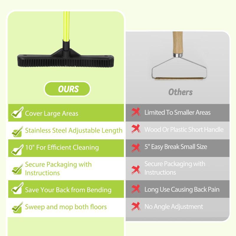 Original Indoor Pet Hair Rubber Broom with Carpet Rake and Squeegee, Broom withTelescoping Long Handle, Pet Hair Broom withSqueegee for Carpet