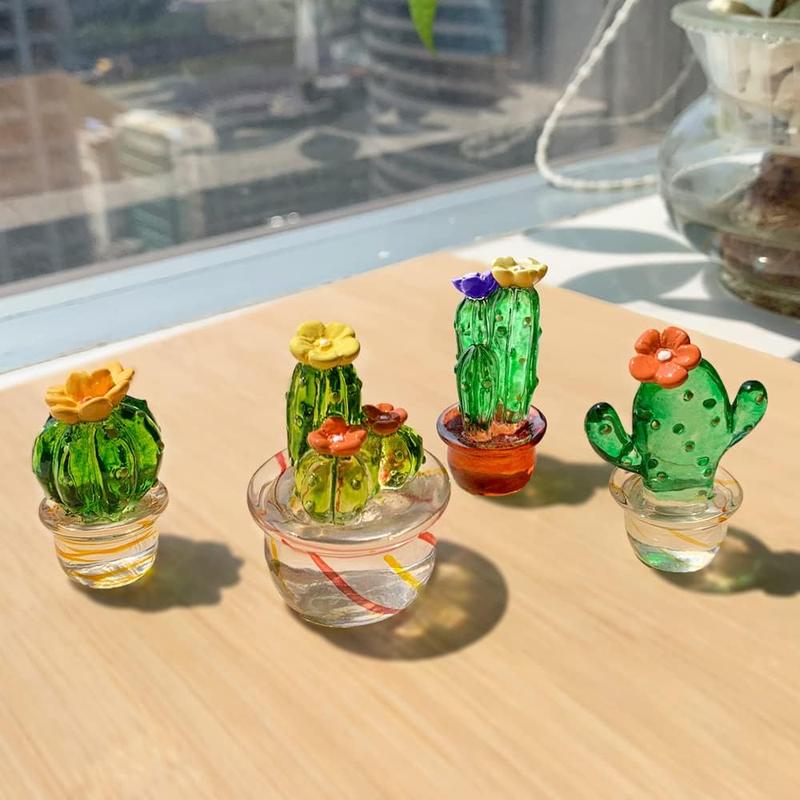 4PCS Handmade Blown Glass Art Cactus Cute Crystal Miniature Cactus Figurines Home Office Desk Tabletop Simulation Plants Decorations Car Inner Ornaments