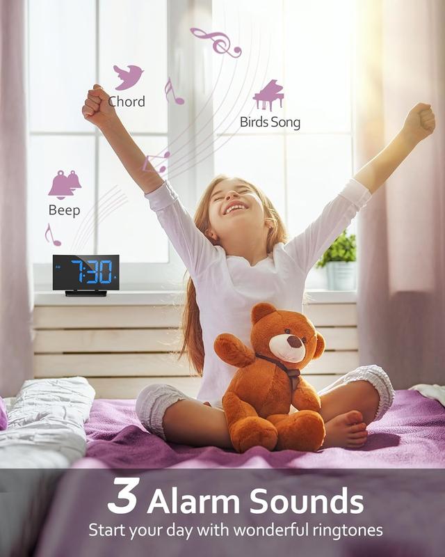 Digital Alarm Clock for Bedroom, Digital Clock with Modern Curved Design, Conspicuous LED Numbers, 5 Levels Brightness+Off,2 Volume, 3 Alarm Tones, Snooze, Power-Off Memory, 12 24H Decor Gift