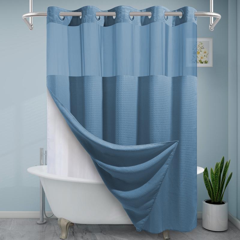 EUTXL 256GSM Waffle Weave Textured Heavy Duty NO HOOKS Moonlight Blue Shower Curtain and Liner set - Hotel Luxury Weighted Bath Curtain,71W x 74H,71W x 86H