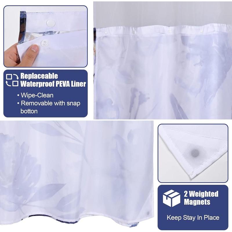 Alishomtll No Hook Shower Curtain with Snap-in Liner Set, Hotel Grade Blue Floral Shower Curtain with See Through Top Window, Blue White, No Hook, Double Layer, Waterproof, Washable, 72