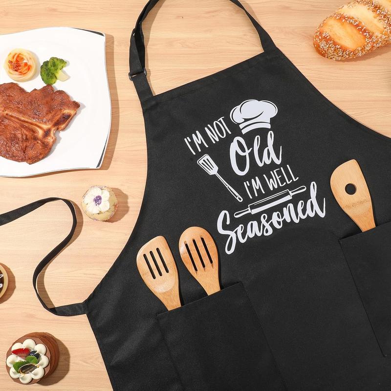 Funny Cooking Aprons for Women Men, I'M NOT Old I'M WELL Seasoned, Aprons for Cooking Kitchen Grilling Aprons with Two Pockets, Grill Apron Adjustable Chef Apron, Birthday Gift for Dad Mom