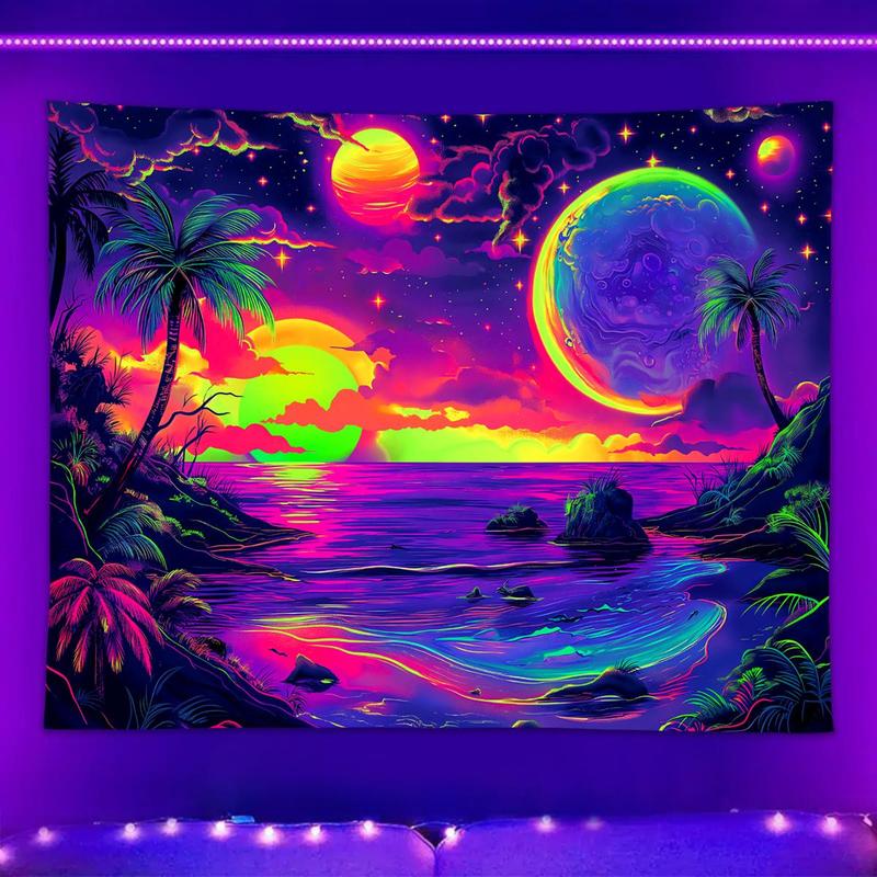 Galaxy Pattern Tapestry, 1 Count UV Reactive Beach Coconut Tree Sky Sunset Fluorescent Tapestry, Aesthetic Art Decoration Hanging Wall for Room Living Room Dormitory Dining Room